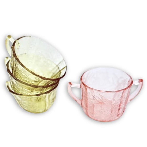 Depression Glass Vintage Tea Cups Sugar Bowl Set Madrid, Poinsettia Pink Yellow - Picture 7 of 10